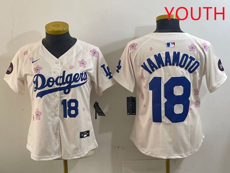 Youth Los Angeles Dodgers #18 Yamamoto Cream Sakura Edition 2025 Nike MLB Jersey style 16->youth mlb jersey->Youth Jersey